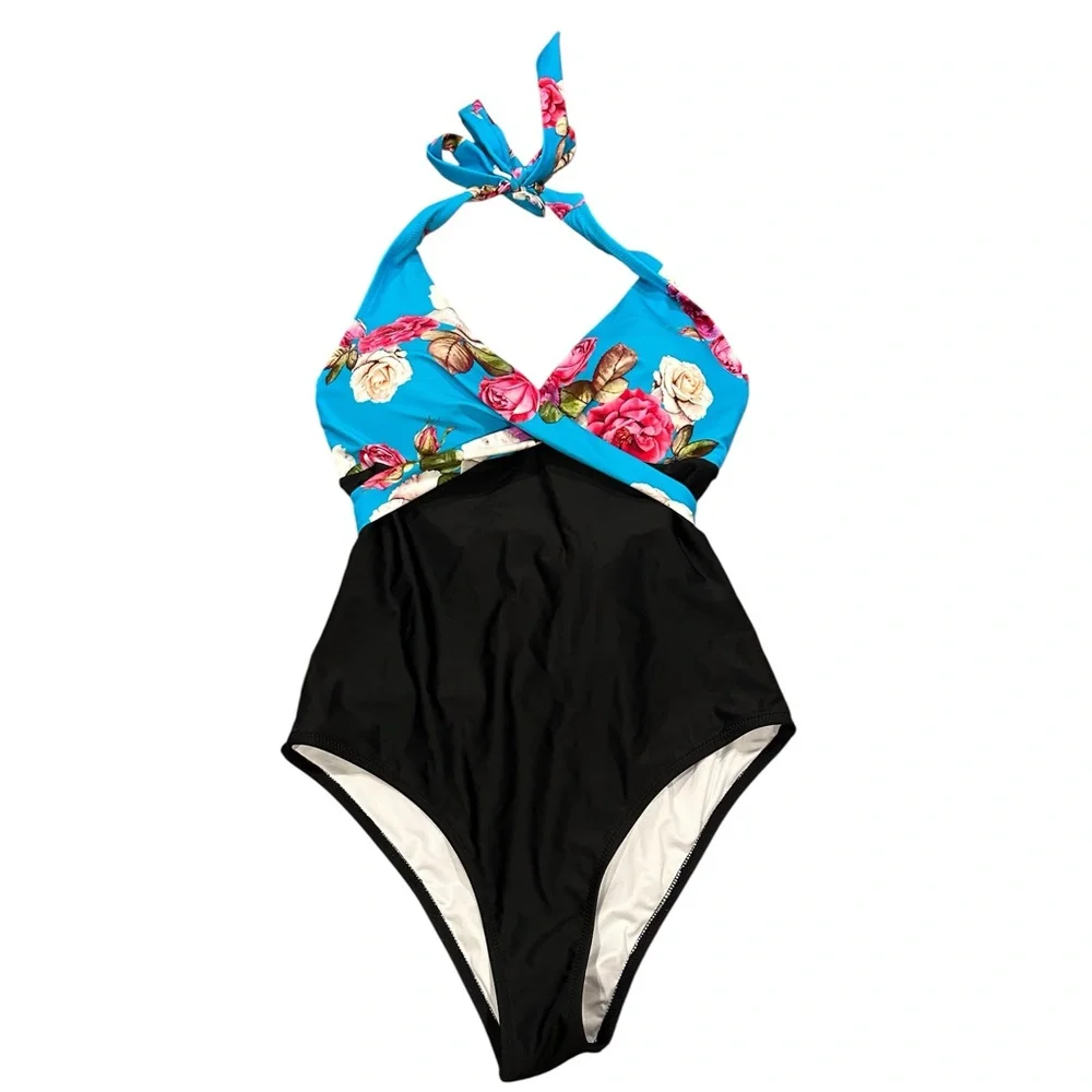 CUPSHE Halter Tie Floral Blue Black One Piece Swimsuit M